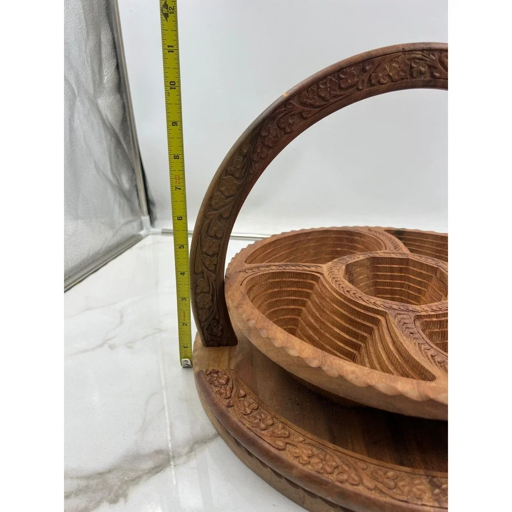Hand Carved Collapsible Wooden Fruit Basket Spiral Design 5 Compartment Trivet